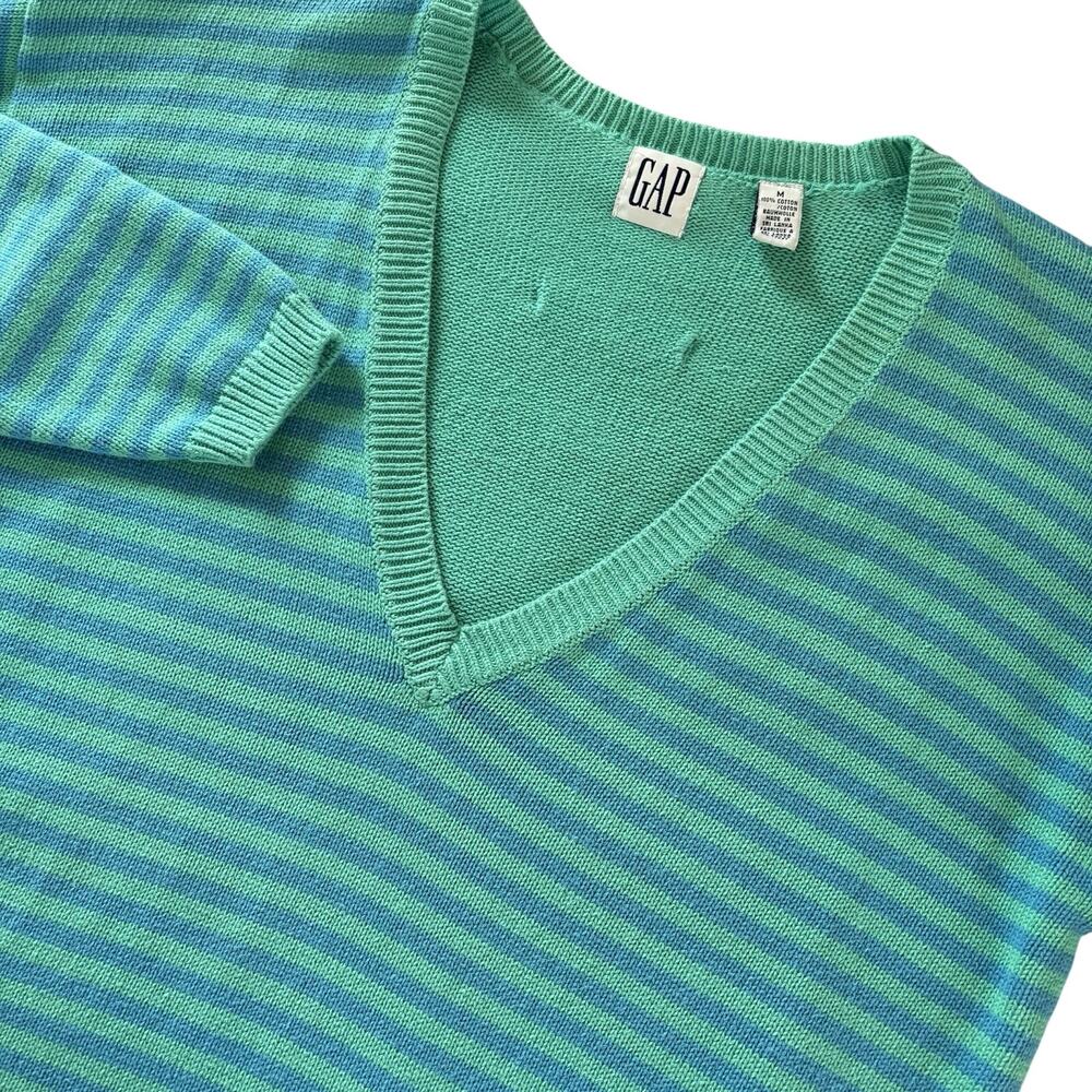 Vintage 90s Gap Women’s Sweater Blue & Green Striped Deep V-Neck Sweater Medium